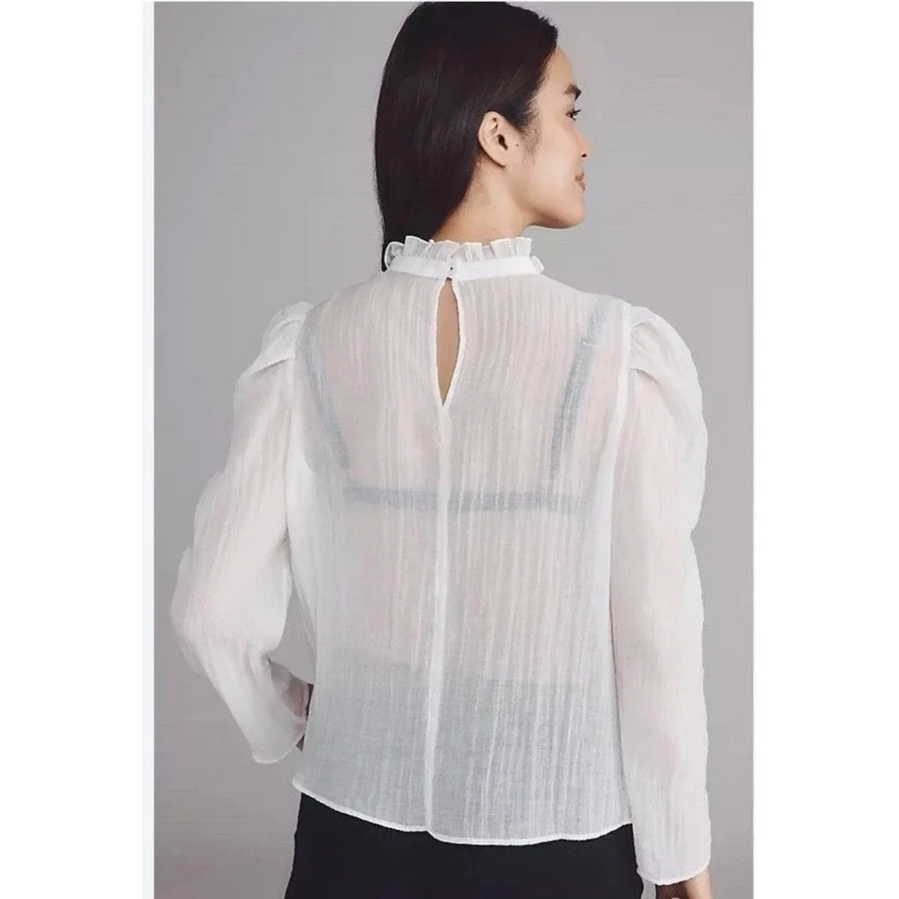 Maeve & Anthropologie White Sheer Blouse Mock Neck Puff Sleeve Gauze Size Medium